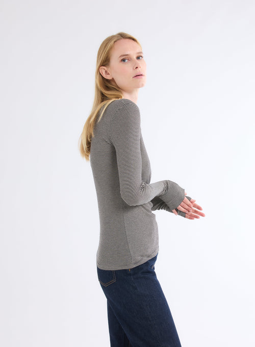 Beige / Black U-Neck Long Sleeve Viscose T-Shirt - MAJESTIC FILATURES