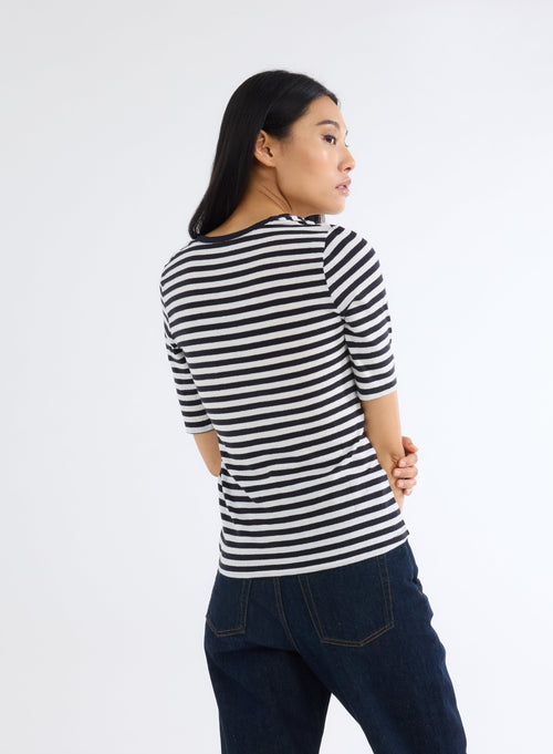 Navy / Beige U-Neck Short Sleeve T-Shirt in Organic Cotton and Cashmere - MAJESTIC FILATURES