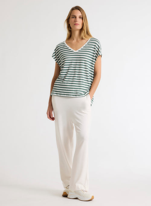 Green V-neck Short Sleeve Linen Elastane T-shirt WOMEN