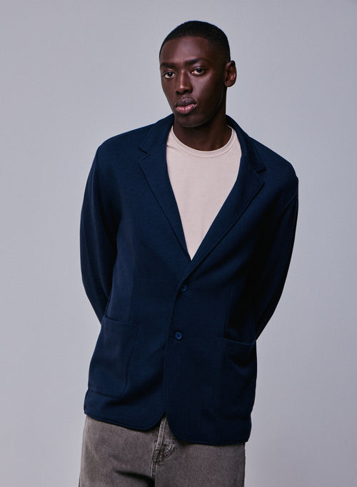 Navy V-neck Jacket Long Sleeve in Lyocell / Tencel / Organic Cotton - MAJESTIC FILATURES