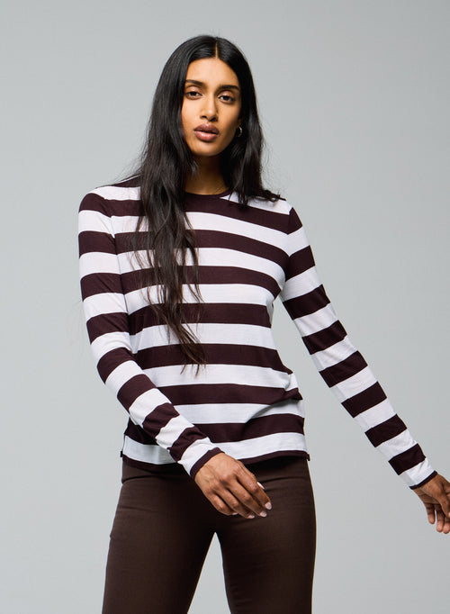 White / Purple Long Sleeves Round Neck T-shirt in Viscose / Cashmere - MAJESTIC FILATURES