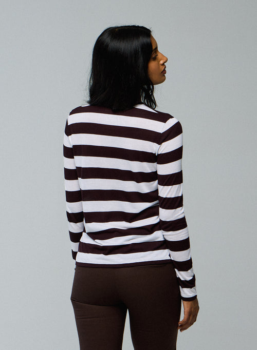 Weiß/Aubergine Langarm-T-Shirt mit Rundhalsausschnitt aus Viskose / Kaschmir - MAJESTIC FILATURES