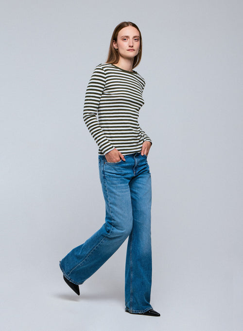 T-shirt Marinière Vert / Blanc Col Rond Manches Longues en Coton organique - MAJESTIC FILATURES