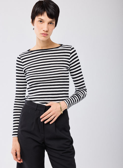 Black / Beige Stripped Round Neck Long Sleeves T-shirt in Organic Cotton - MAJESTIC FILATURES