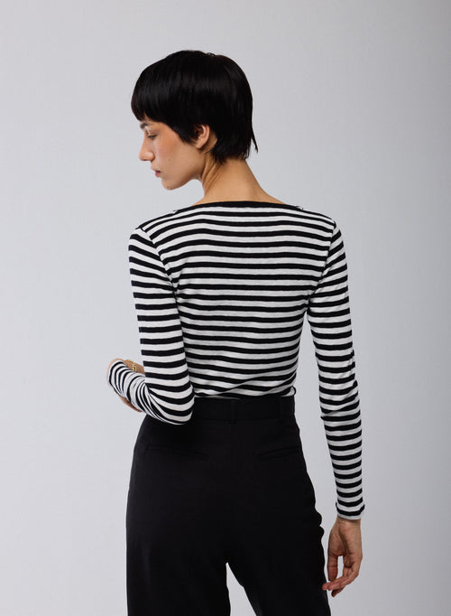 Black / Beige Stripped Round Neck Long Sleeves T-shirt in Organic Cotton - MAJESTIC FILATURES