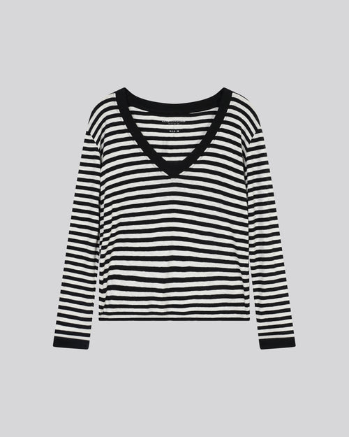 Black / White Stripped V-Neck Long Sleeves T-shirt in Organic Cotton - MAJESTIC FILATURES