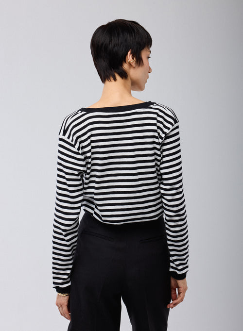 Black / White Stripped V-Neck Long Sleeves T-shirt in Organic Cotton - MAJESTIC FILATURES