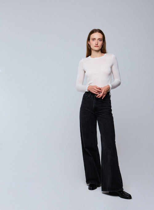 T-shirt Blanc Col Rond Manches Longues en Viscose / Cachemire - MAJESTIC FILATURES