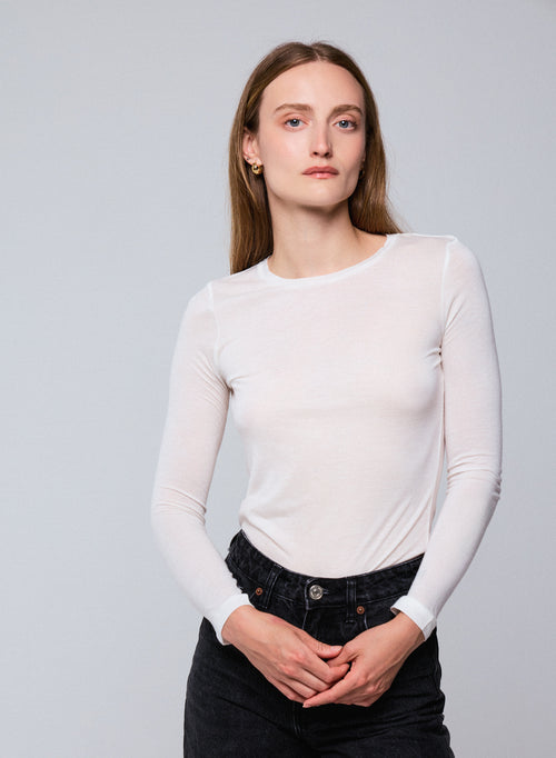 T-shirt Blanc Col Rond Manches Longues en Viscose / Cachemire - MAJESTIC FILATURES