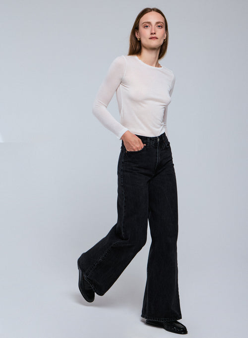 T-shirt Blanc Col Rond Manches Longues en Viscose / Cachemire - MAJESTIC FILATURES