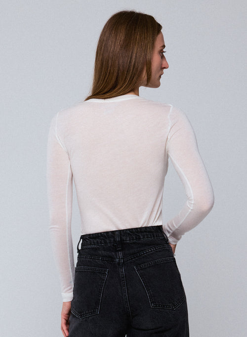 T-shirt Blanc Col Rond Manches Longues en Viscose / Cachemire - MAJESTIC FILATURES