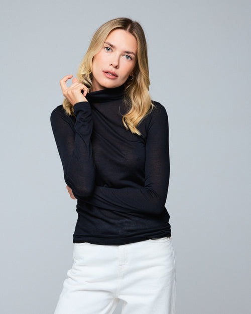 Camiseta de cuello alto de manga larga negra en viscosa / cachemira - MAJESTIC FILATURES