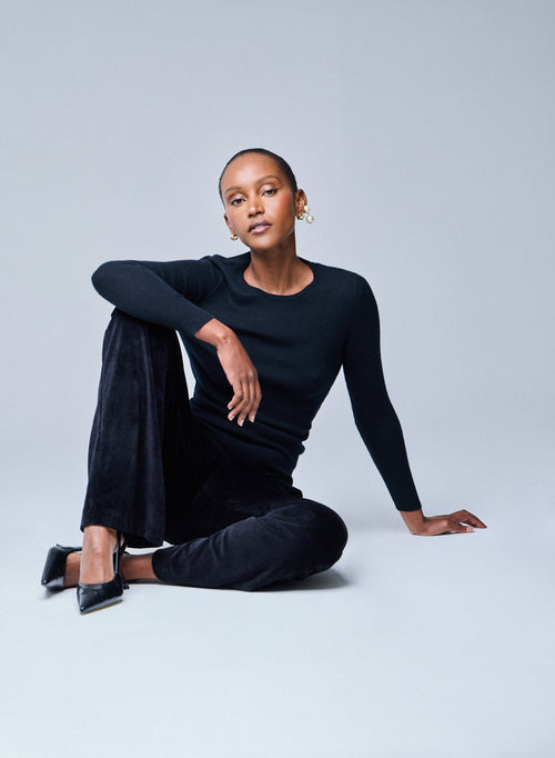 Black Round Neck Long Sleeve Cashmere T-Shirt - MAJESTIC FILATURES