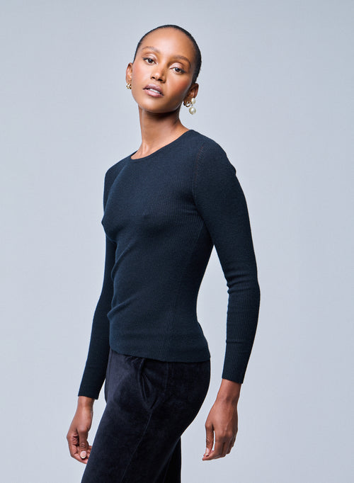 Black Round Neck Long Sleeve Cashmere T-Shirt - MAJESTIC FILATURES