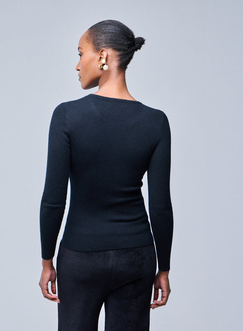 Black Round Neck Long Sleeve Cashmere T-Shirt - MAJESTIC FILATURES