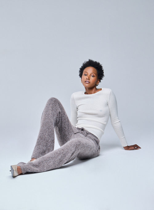 T-shirt Blanc Col Roulé Manches Longues en Cachemire - MAJESTIC FILATURES