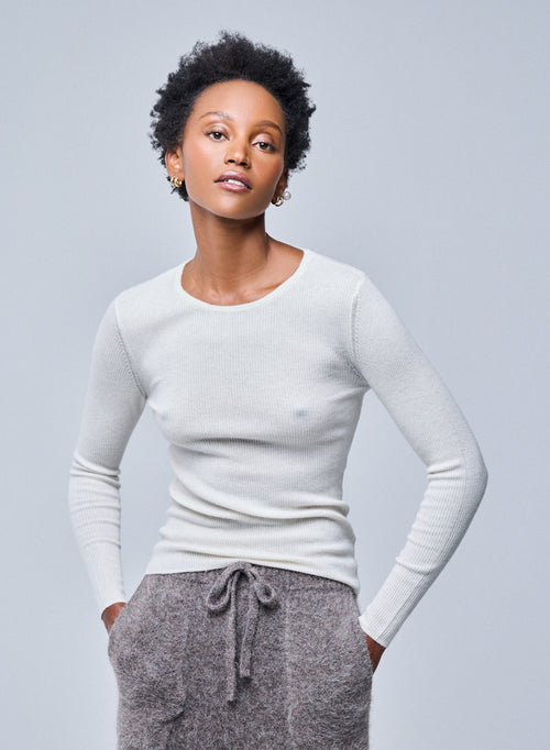 White Long Sleeve Cashmere Turtleneck T-Shirt - MAJESTIC FILATURES