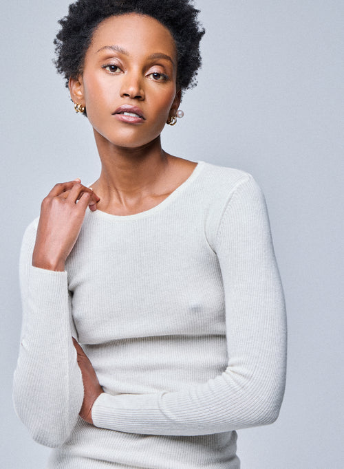 T-shirt Blanc Col Roulé Manches Longues en Cachemire - MAJESTIC FILATURES