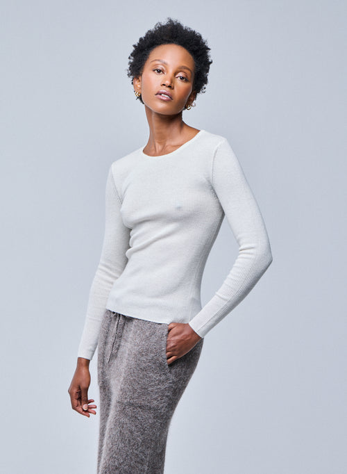 T-shirt Blanc Col Roulé Manches Longues en Cachemire - MAJESTIC FILATURES