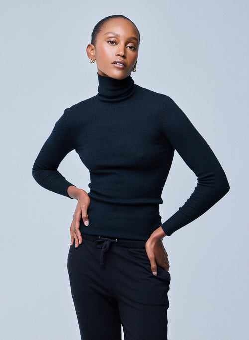 Black Long Sleeve Cashmere High Neck T-Shirt - MAJESTIC FILATURES