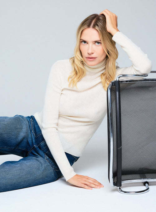 T-shirt Blanc Col Montant Manches Longues en Cachemire - MAJESTIC FILATURES