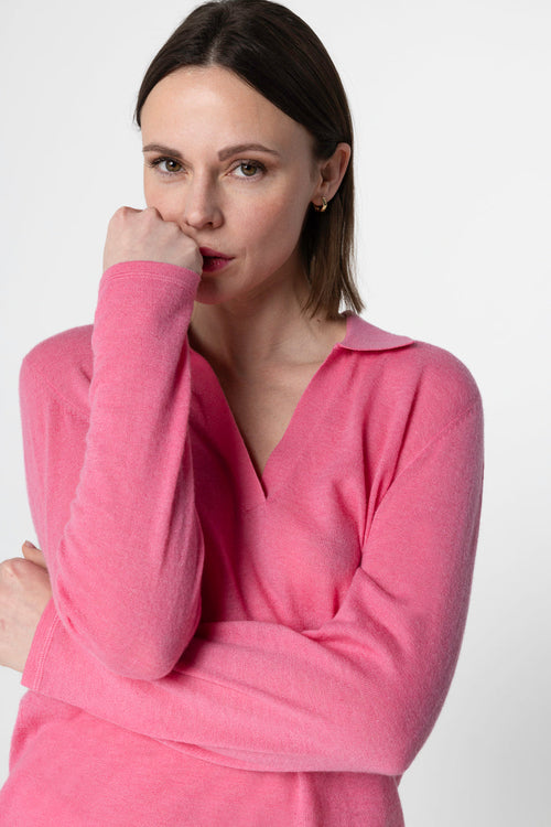 Pink Polo Shirt with Three-Quarter Sleeves in Cashmere - MAJESTIC FILATURES