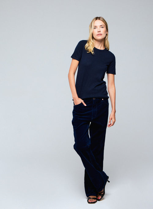 T-shirt Marine Col Rond Manches Courtes en Cachemire - MAJESTIC FILATURES