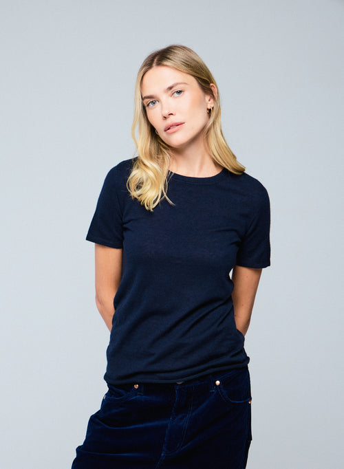 Camiseta de cachemir de manga corta con cuello redondo azul marino - MAJESTIC FILATURES