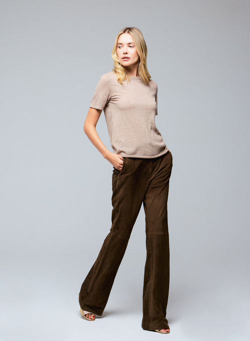 Beige Round Neck Short Sleeves T-shirt in Cashmere - MAJESTIC FILATURES