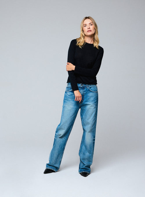 T-shirt Noir Col Rond Manches Longues en Cachemire - MAJESTIC FILATURES