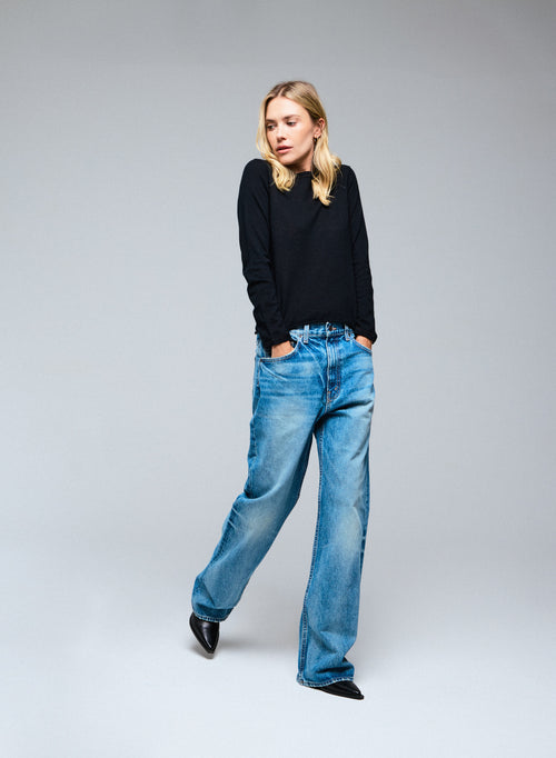 T-shirt Noir Col Rond Manches Longues en Cachemire - MAJESTIC FILATURES