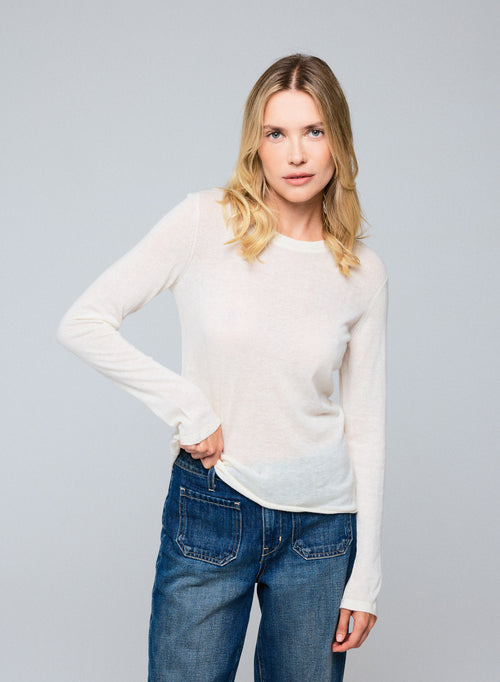 T-shirt Blanc Col Rond Manches Longues en Cachemire - MAJESTIC FILATURES
