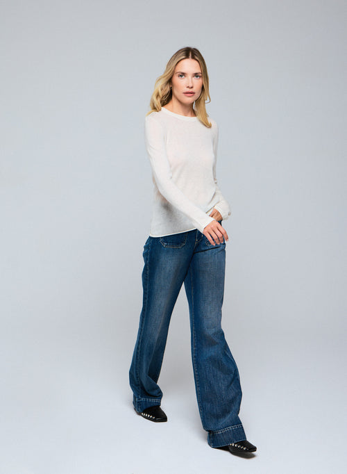 White Round Neck Long Sleeves T-shirt in Cashmere - MAJESTIC FILATURES