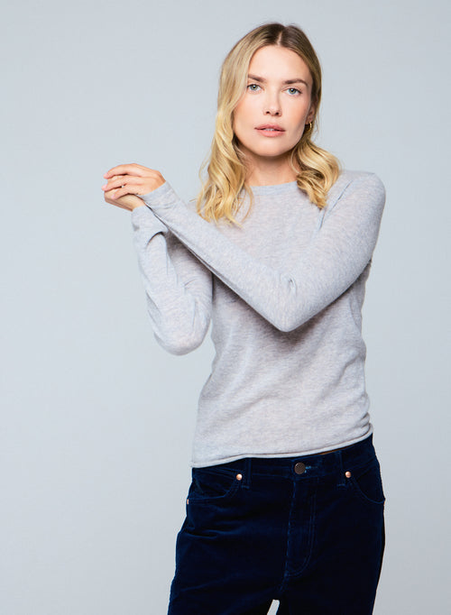 Grey Round Neck Long Sleeves T-shirt in Cashmere - MAJESTIC FILATURES