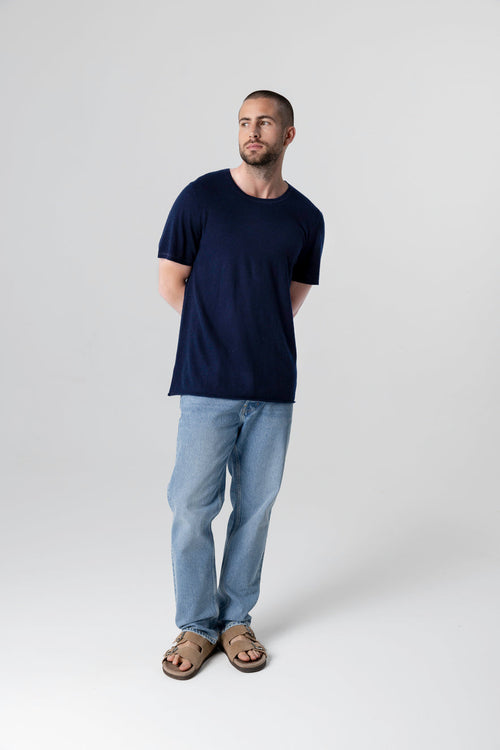 Kurzärmeliges Rundhals-T-Shirt aus Kaschmir in Marineblau - MAJESTIC FILATURES