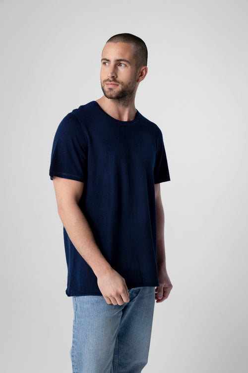 T-shirt Marine Col Rond Manches Courtes en Cachemire - MAJESTIC FILATURES