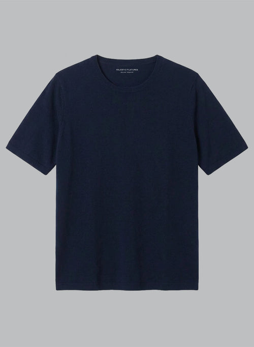 Kurzärmeliges Rundhals-T-Shirt aus Kaschmir in Marineblau - MAJESTIC FILATURES