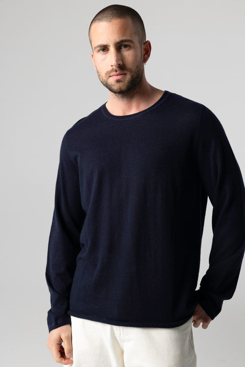 T-shirt Marine Col Rond Manches Longues en Cachemire - MAJESTIC FILATURES