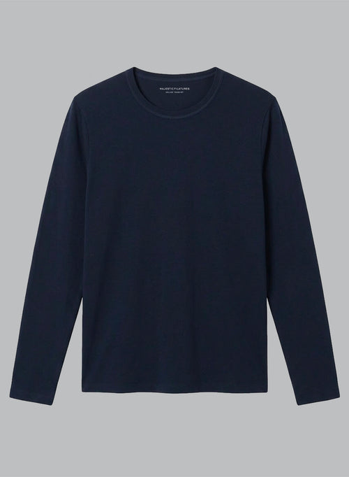 Navy Round-Neck Long-Sleeve Cashmere T-shirt - MAJESTIC FILATURES