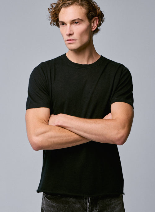 T-shirt Noir Col Rond Manches Courtes en Cachemire - MAJESTIC FILATURES