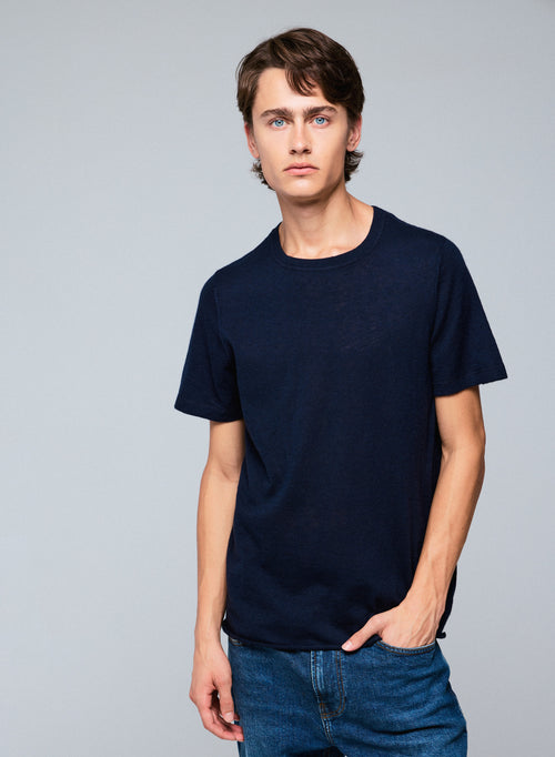 T-shirt Marine Col Rond Manches Courtes en Cachemire - MAJESTIC FILATURES