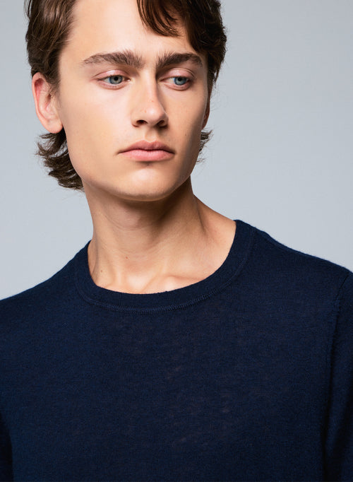 T-shirt Marine Col Rond Manches Courtes en Cachemire - MAJESTIC FILATURES