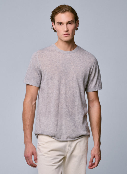 T-shirt Gris Col Rond Manches Courtes en Cachemire - MAJESTIC FILATURES
