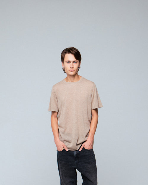 Beige Round Neck Short Sleeve Cashmere T-Shirt - MAJESTIC FILATURES