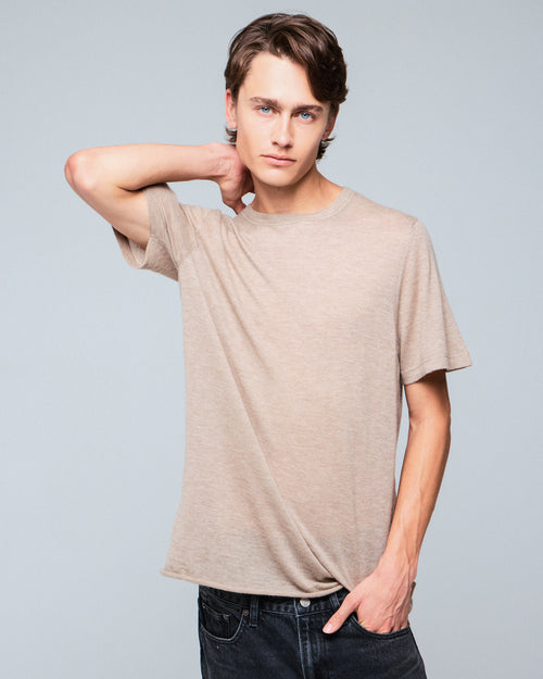 T-shirt Beige Col Rond Manches Courtes en Cachemire - MAJESTIC FILATURES