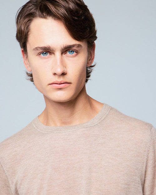 Beige Round Neck Short Sleeve Cashmere T-Shirt - MAJESTIC FILATURES