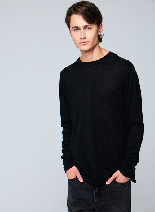 T-shirt Noir Col Rond Manches Longues en Cachemire - MAJESTIC FILATURES