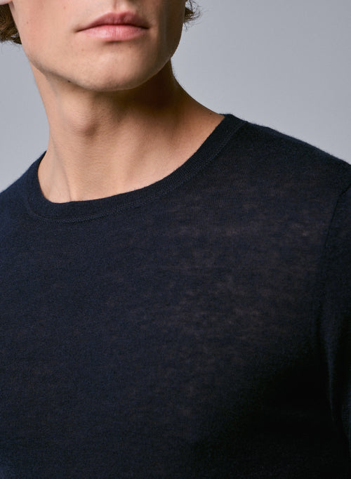 T-shirt Marine Col Rond Manches Longues en Cachemire - MAJESTIC FILATURES