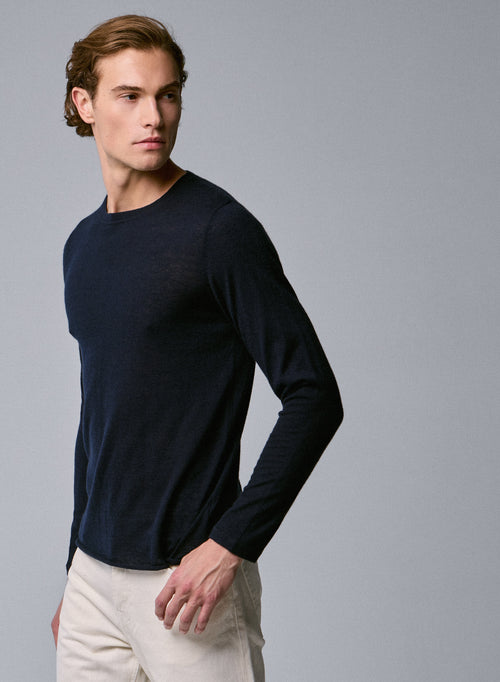 T-shirt Marine Col Rond Manches Longues en Cachemire - MAJESTIC FILATURES