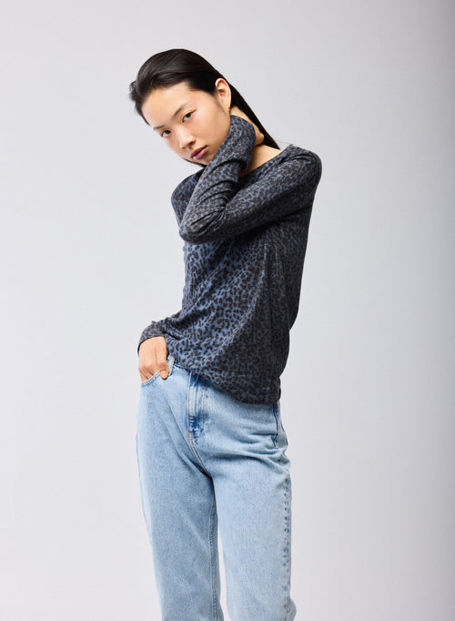 T-shirt Bleu Col Rond Manches Longues en Coton organique / Cachemire - MAJESTIC FILATURES